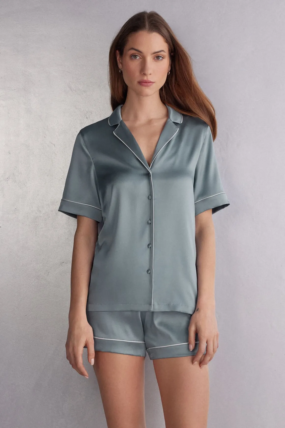 Blouse met Korte Mouwen van Zijde in Herenstijl