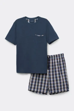 Korte Pyjama van Katoen en Geruit Linnen Denim