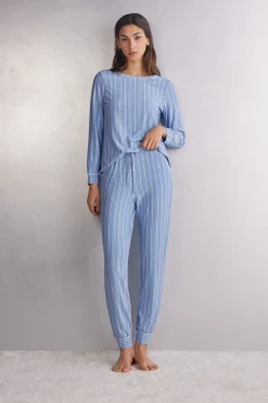 Lange Broek in Modal met Manchet van Oxford-Strepen