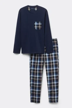 Lange Pyjama van Katoen en geruit Linnen