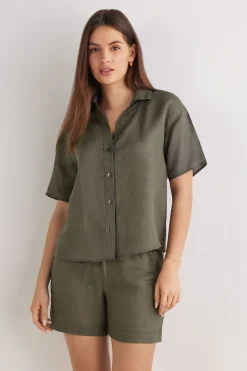 Overhemdblouse met korte mouwen van linnen