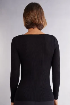 Trui met Lange Mouwen en Wijde Ronde Hals van Wol en Zijde