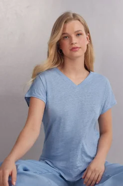 T-shirt met korte mouwen en V-hals van linnen