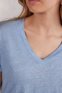 T-shirt met korte mouwen en V-hals van linnen